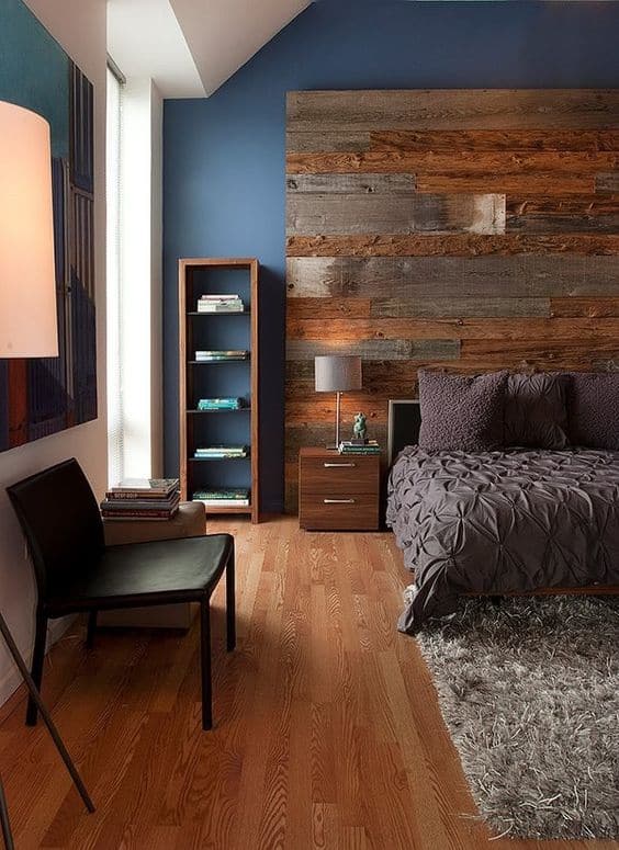 Navy Blue Walls with Reclaimed Wood Headboard
