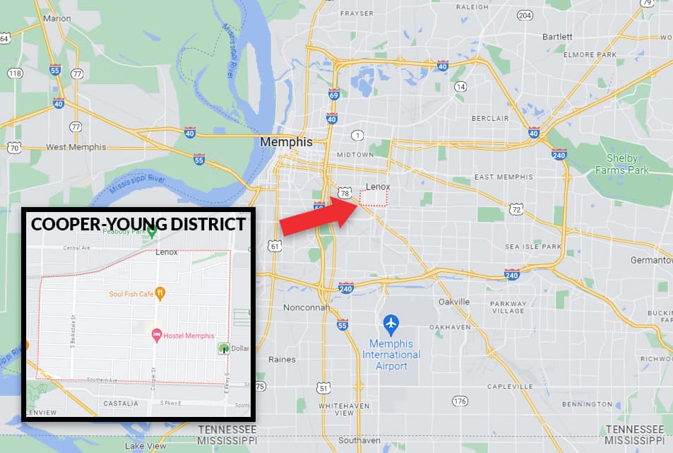 map of cooper-young district of Memphis TN