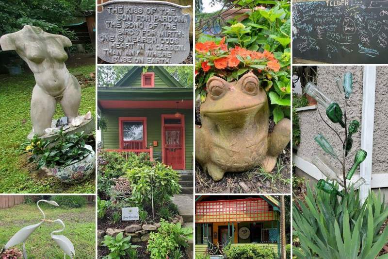 collage of quirky garden art