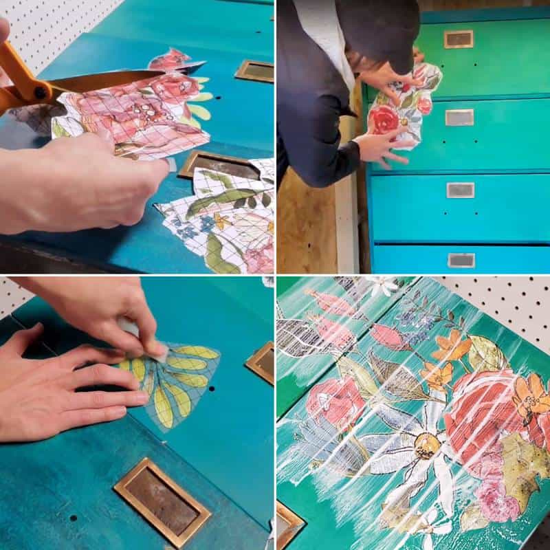 4 picture grid of stages of applying transfers to the filing cabinet