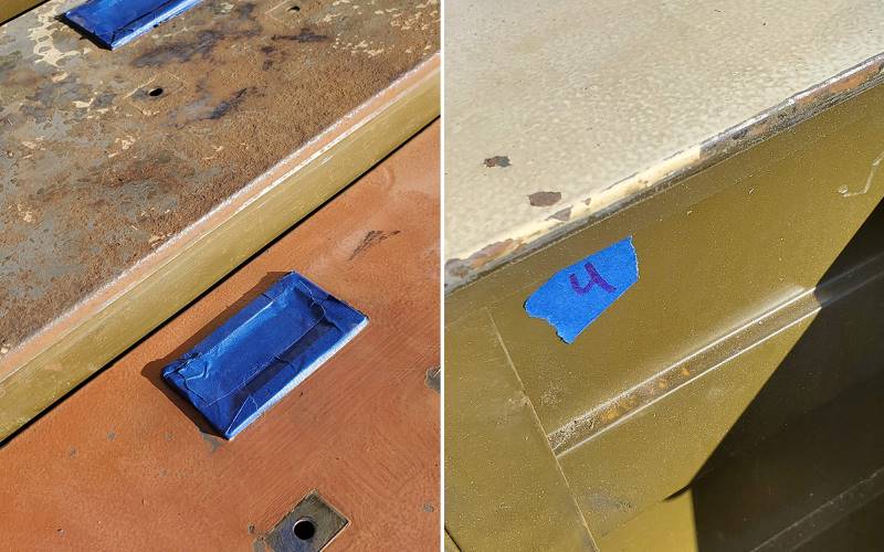 metal hardware taped off and painters tape used to number filing cabinet drawers