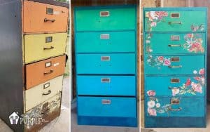 Orange and yellow rusty (before), painted green blue and floral print filing cabinets in a row