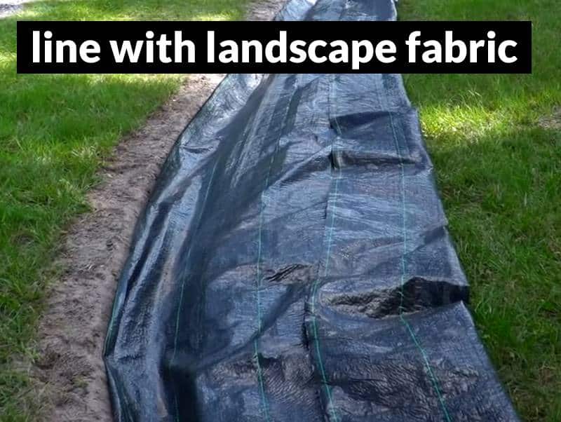 Line the french drain trench with landscape fabric
