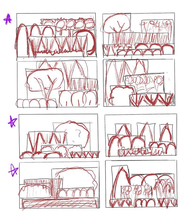 Thumbnail sketches of plant forms inside blocks.