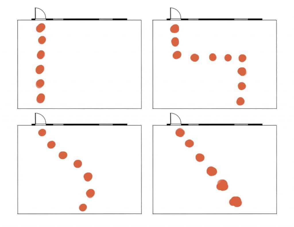 a drawing of a garden layout with red dots for paths