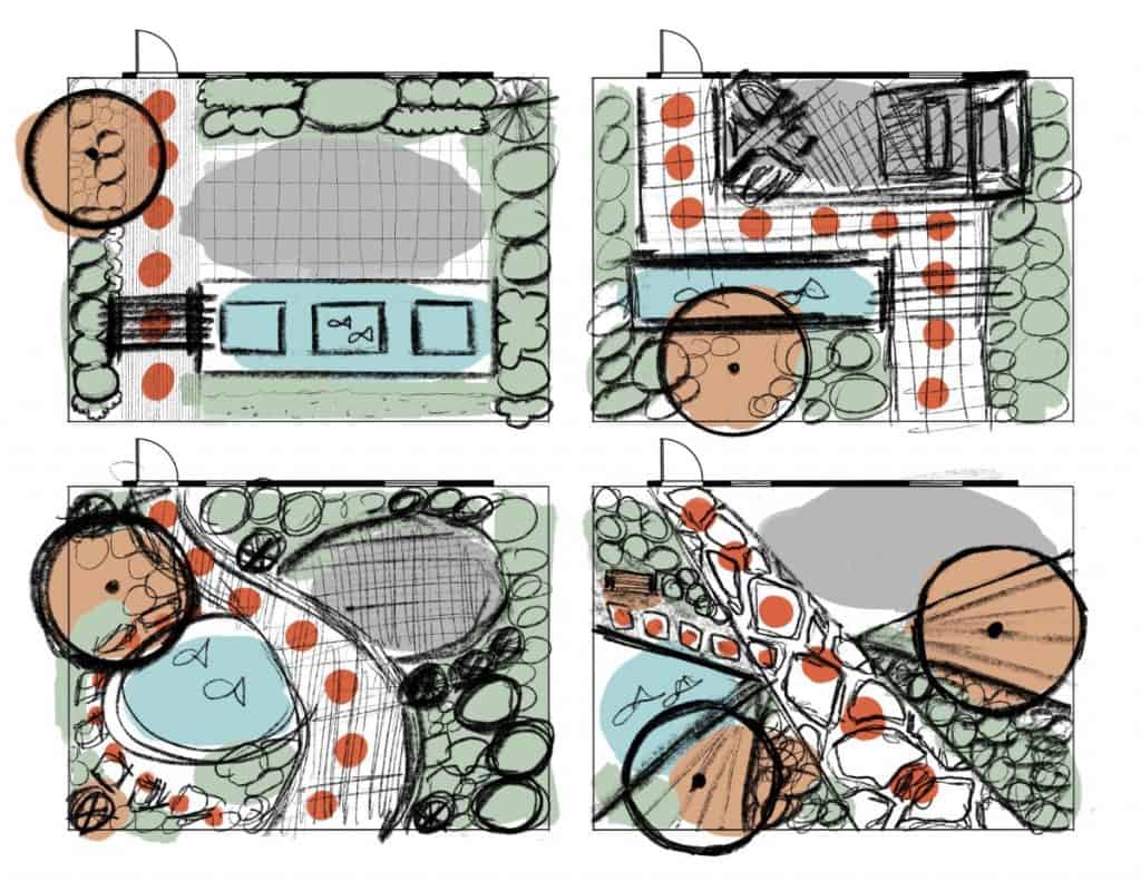 sketches of garden layouts over the bubble drawings