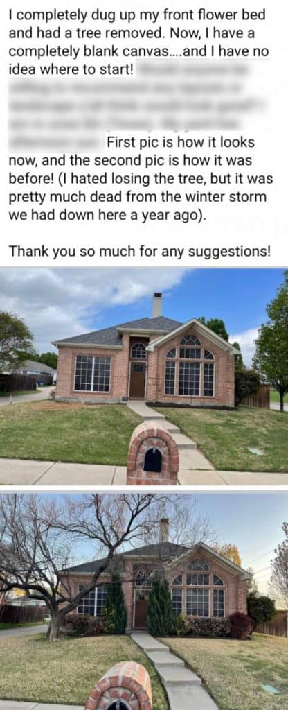 Home photo before & after mature landscaping was torn out.