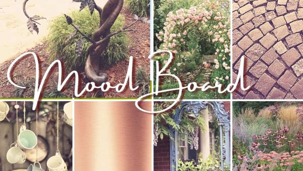 collage of items for garden mood board.