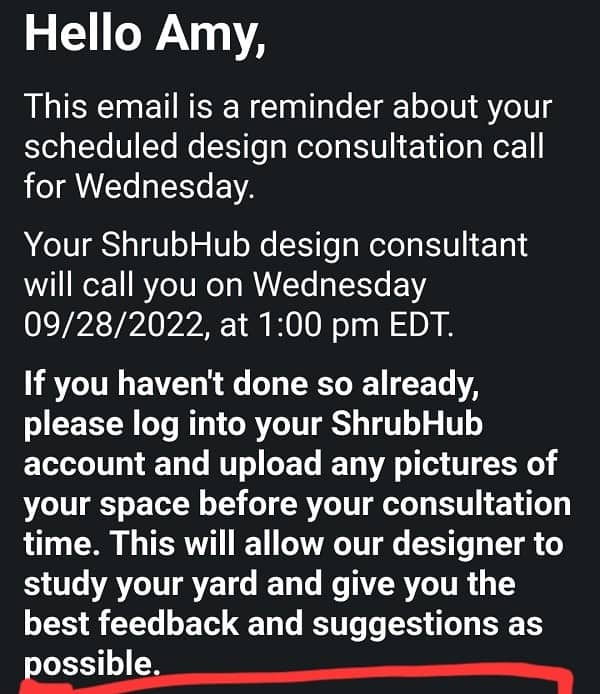 shrub hub review screenshot of consultation reminder