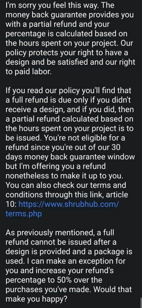 shrub hub review screenshot of refund policy